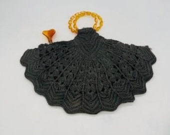 1940s Vintage Black Macrame Cord Handbag with Clear Lucite Handles, Scalloped Edge, Rockabilly Style, Swing Style, Black Cord Handbag
