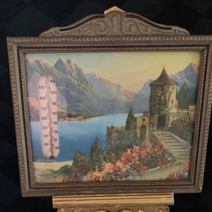 Midst Cool and Silence c1934 Original Framed Litho Print A Arnegger Italian Villa + Thermometer Picture
