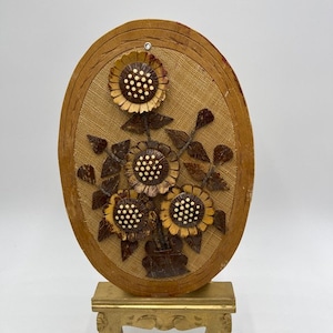 Vintage Wooden Flower Pictures Handmade Floral Wall Decor Made in Philippines Eclectic Artwork Boho Oval Display Decorative