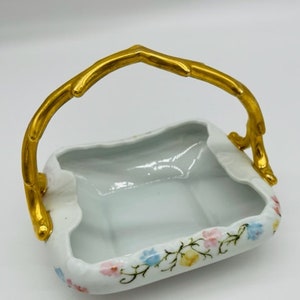 Beautiful Vintage Porcelain Basket Bowl with Hand Painted Flowers with painted Gold Handle