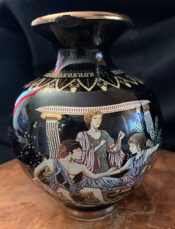 Vintage Blue Greek Vase Porcelain Mythology 24kt gold, handmade ceramic