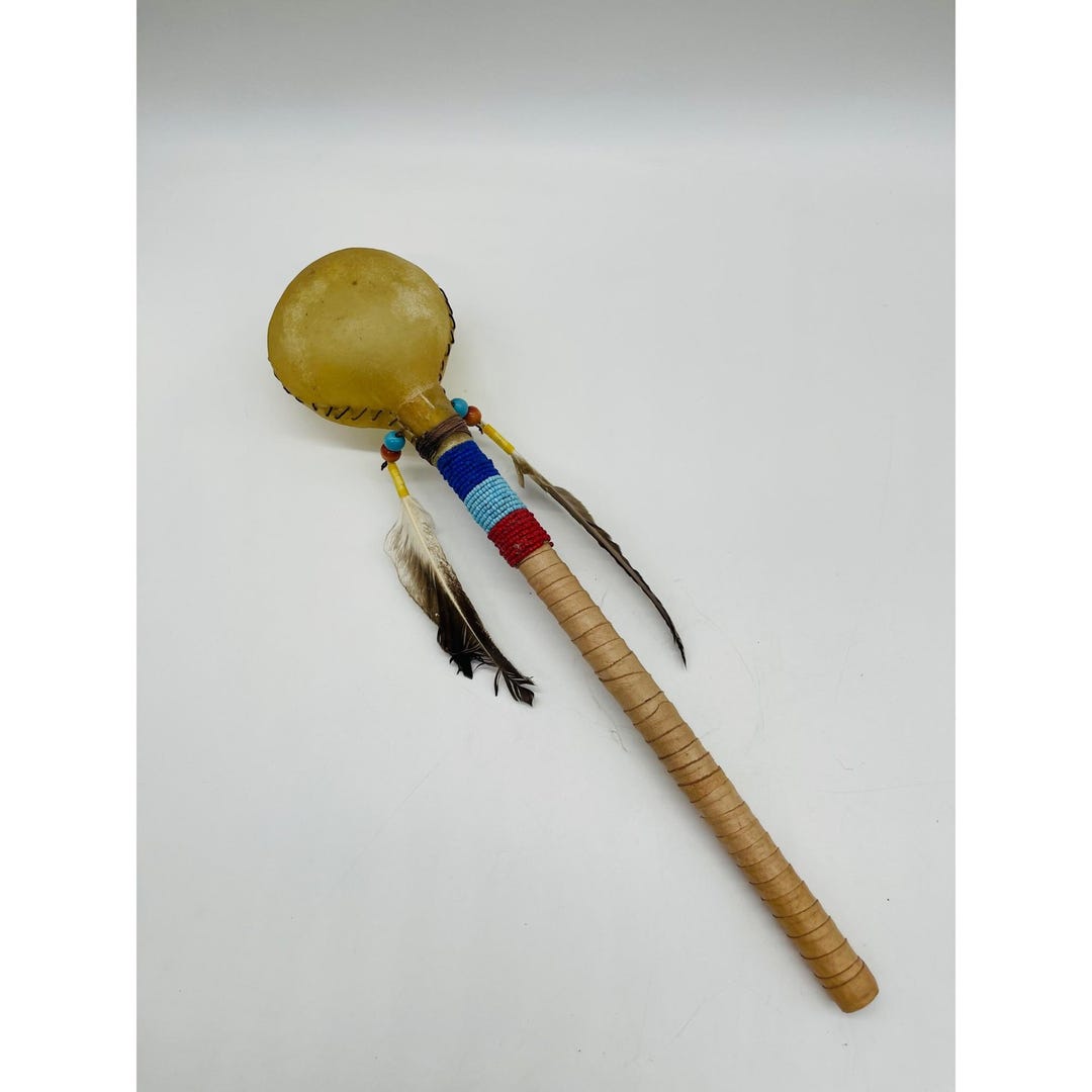 Long Handed Rattle Vintage Native American Indian Hide Rattle Red Blue Teal Beaded Suede ...