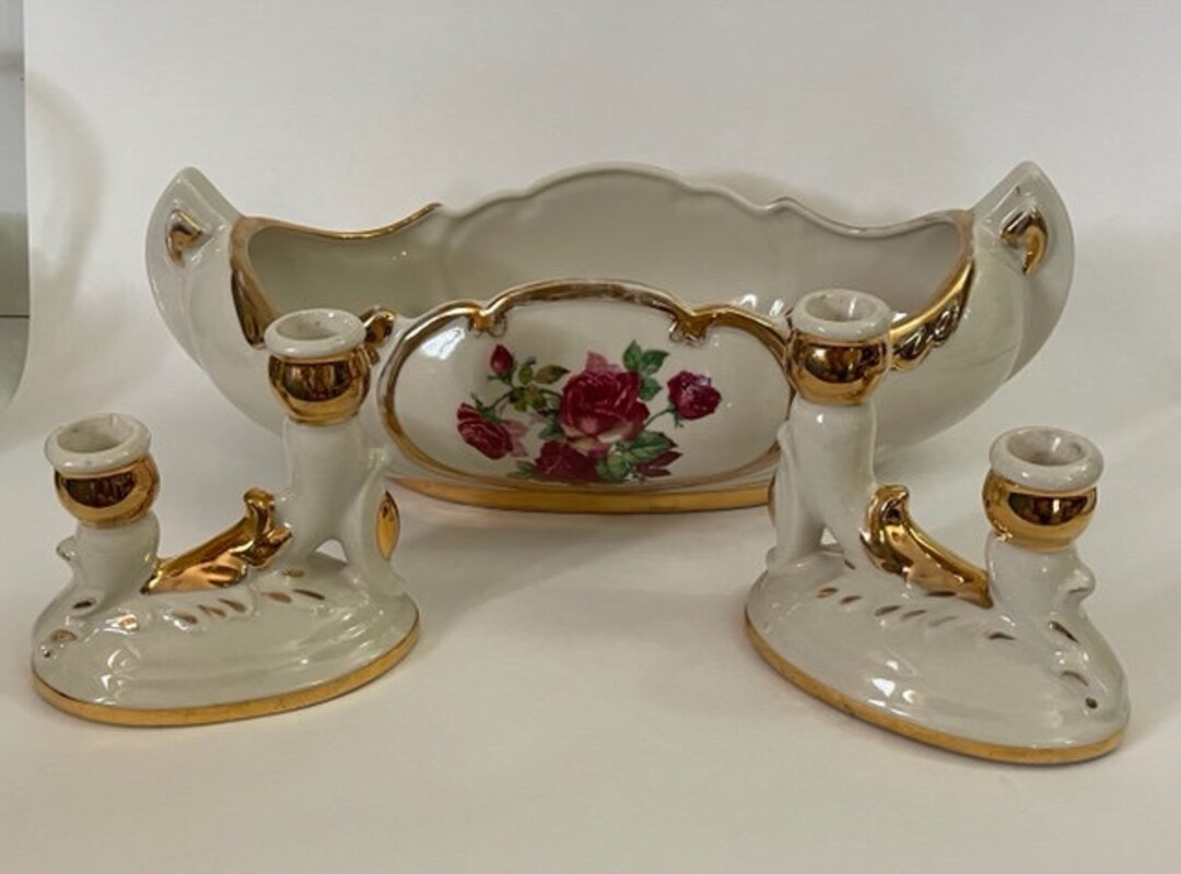 Vintage Royal Kohl China Centerpiece Console Bowl & 2 Double Candle