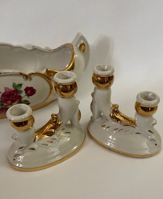 Vintage Royal Kohl China Centerpiece Console Bowl & 2 Double Candle Holders