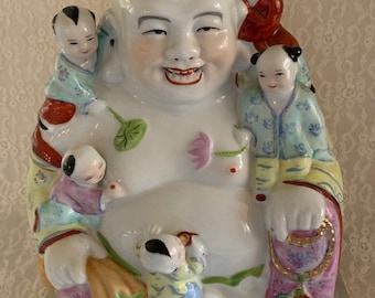 Vintage Chinese Porcelain Famille Rose Hotei Laughing Buddha & Children Figurine