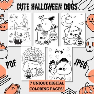 Kawaii Halloween Dog Kolorowanki - Przedszkolaki i Maluchy Arkusze A4, 7 Stron, Słodka Kolorowanka