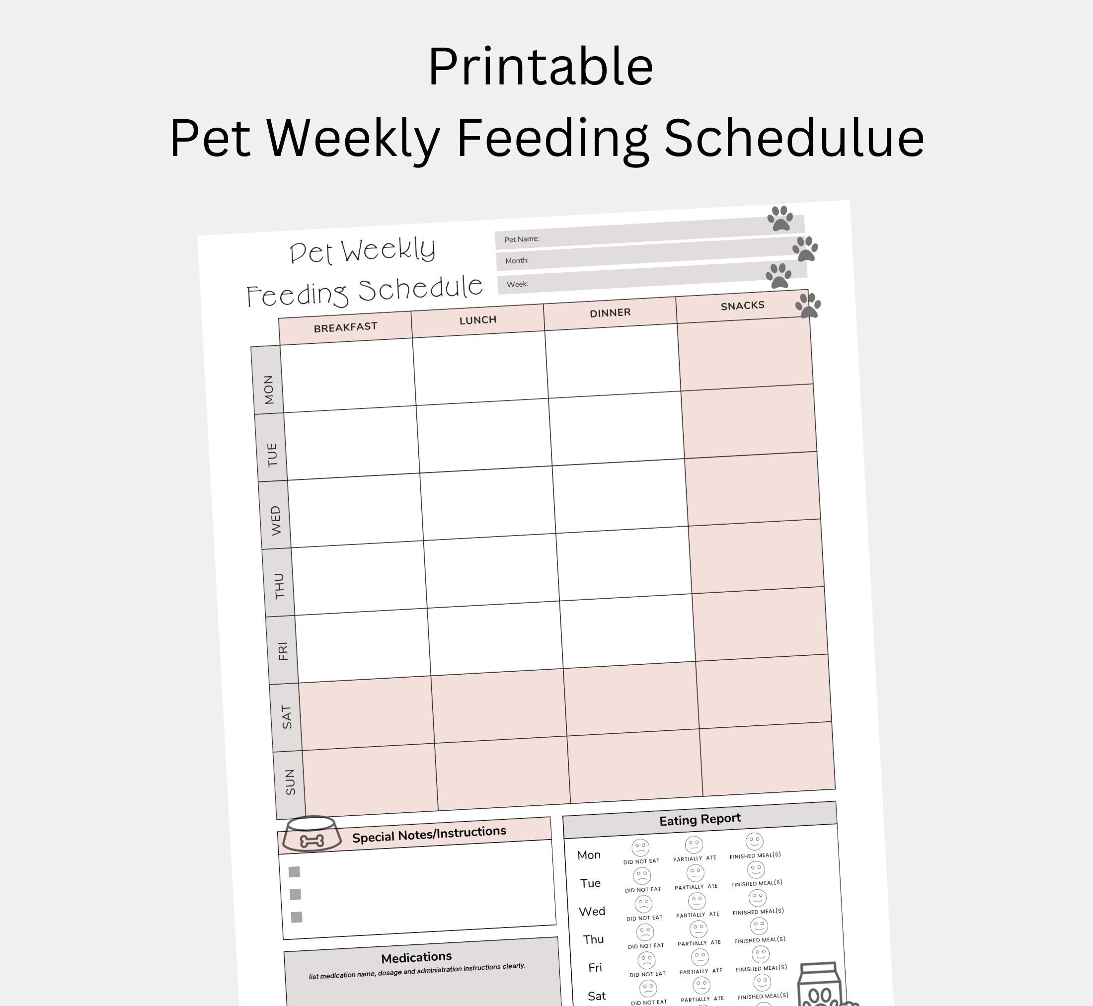 Dog Feeding Schedule, Weekly, Pet Meal Tracker, Pet Feeding Schedule Dog Feeding Schedule, Weekly, Pet Meal Tracker, Pet Feeding Schedule