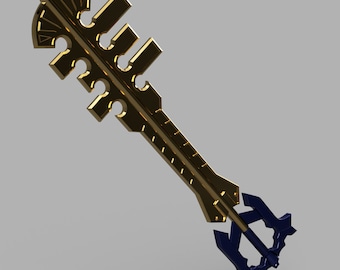 May include: A gold keyblade with a blue handle and a decorative design. The keyblade is a fictional weapon from the Kingdom Hearts video game series.