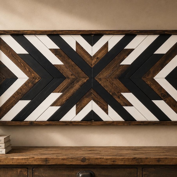 Geometric Wood Wall Art, Rustic Farmhouse Decor, Dark Walnut Black White Design
