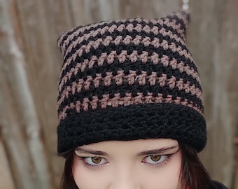 Handmade y2k beanie Black brown Crochet cat ear hat Striped teens beanie Besties gifts