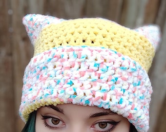 Crochet velvet slouchy beanie Teens Spring soft hat Handmade y2k beanie  Crochet cat ear hat Easters Besties gifts