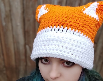 Teens crochet fox hat Orange slouchy hat Y2K hand crochet hat Oversized fox beanie  Cuffed or slouchy