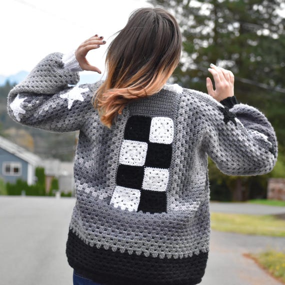 Oversized chunky gray open granny square cardigan Art to wear sweater  Handknit OOAK Black White stars Checkered design Worm Cozy Heavy