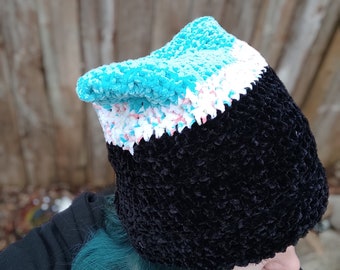 Teens soft hat Handmade y2k beanie Crochet velvet slouchy beanie Black and teal cat ear hat Besties gifts