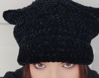 Jet black Velvet beanie Oversized soft slouchy hat Handmade y2k beanie  Crochet cat ear hat Besties gifts