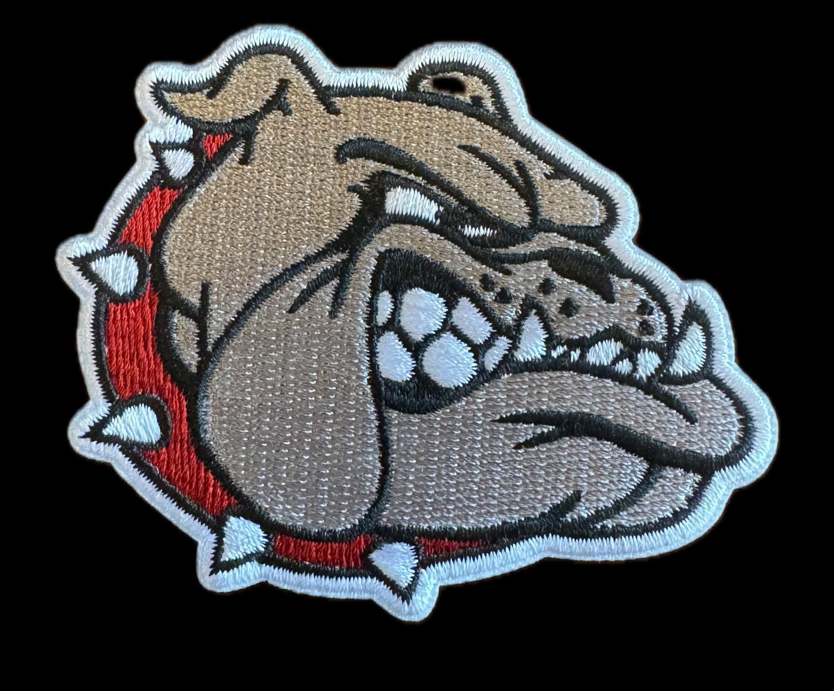 Bigger: Bulldog iron on patch embroidered. RED collar on bulldog. USA-Free Shipping INCLUDED