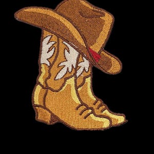 May include: Embroidered patch of a brown cowboy hat on top of a pair of brown cowboy boots.