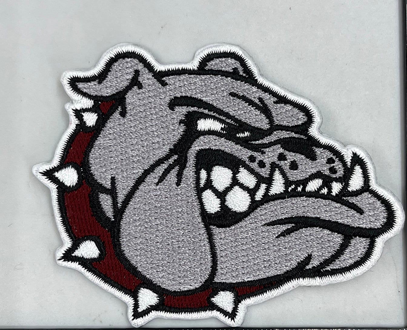 BIGGER: Bulldog iron on patch embroidered. Maroon collar on bulldog. USA-Free Shipping INCLUDED