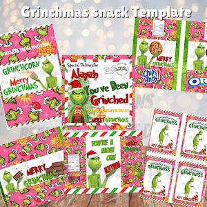 Szablon pudełka na Wigilię | Pudełko na Wigilię Grinchmas | Edytowalne za pomocą Canva | Szablon przekąski | Spersonalizowany szablon etykiety pudełka na Wigilię