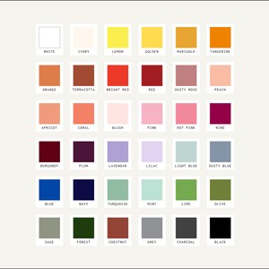 Puede incluir: Una carta de colores con 36 muestras de colores diferentes. Los colores est&aacute;n dispuestos en filas y columnas, con cada color etiquetado con su nombre. Los colores incluyen blanco, marfil, lim&oacute;n, dorado, cal&eacute;ndula, mandarina, naranja, terracota, rojo brillante, rojo, rosa polvoriento, melocot&oacute;n, albaricoque, coral, rubor, rosa, rosa intenso, vino, burdeos, ciruela, lavanda, lila, azul claro, azul polvoriento, azul, azul marino, turquesa, menta, lima, oliva, salvia, bosque, casta&ntilde;o, gris, carb&oacute;n vegetal y negro.