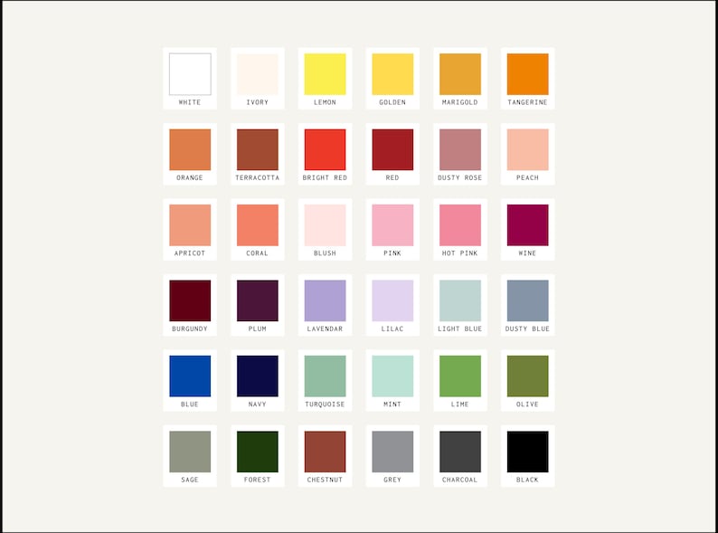 Puede incluir: Una carta de colores con 36 muestras de colores diferentes. Los colores est&aacute;n dispuestos en filas y columnas, con cada color etiquetado con su nombre. Los colores incluyen blanco, marfil, lim&oacute;n, dorado, cal&eacute;ndula, mandarina, naranja, terracota, rojo brillante, rojo, rosa polvoriento, melocot&oacute;n, albaricoque, coral, rubor, rosa, rosa intenso, vino, burdeos, ciruela, lavanda, lila, azul claro, azul polvoriento, azul, azul marino, turquesa, menta, lima, oliva, salvia, bosque, casta&ntilde;o, gris, carb&oacute;n vegetal y negro.