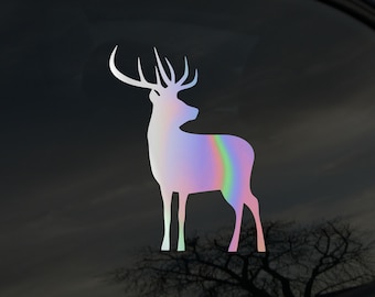 Deer decal, vinyl car bumper sticker, Rainbow holographic, Hunting, Antler