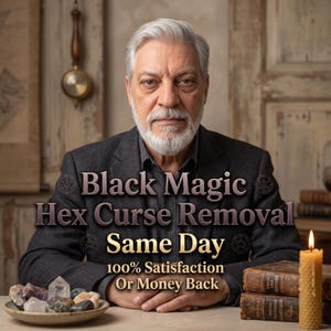 May include: An older person with gray hair and a beard wearing a dark blazer. Text reads: Black Magic Hex Curse Removal Same Day 100% Satisfaction Or Money Back. A bowl of assorted crystals and a tall yellow candle sit on the table in front.