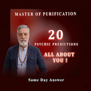 May include: An image shows a man with a white beard and a blue jacket, wearing a beaded necklace. Text reads "MASTER OF PURIFICATION," "20 PSYCHIC PREDICTIONS," and "ALL ABOUT YOU!" The background is a red and brown gradient.
