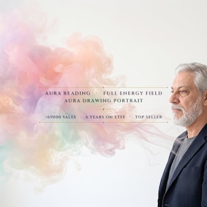 Może przedstawiać: Widok z profilu osoby z siwymi włosami i brodą w ciemnej marynarce. Obok znajduje się chmura pastelowego dymu z tekstem: AURA READING, FULL ENERGY FIELD, AURA DRAWING PORTRAIT, +69000 SALES, 6 YEARS ON ETSY, TOP SELLER.