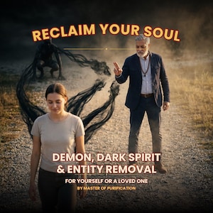 May include: An image with the text "RECLAIM YOUR SOUL" and "DEMON, DARK SPIRIT & ENTITY REMOVAL". It features a woman and a man in a suit, with dark shadowy figures. The text also says "FOR YOURSELF OR A LOVED ONE BY MASTER OF PURIFICATION".