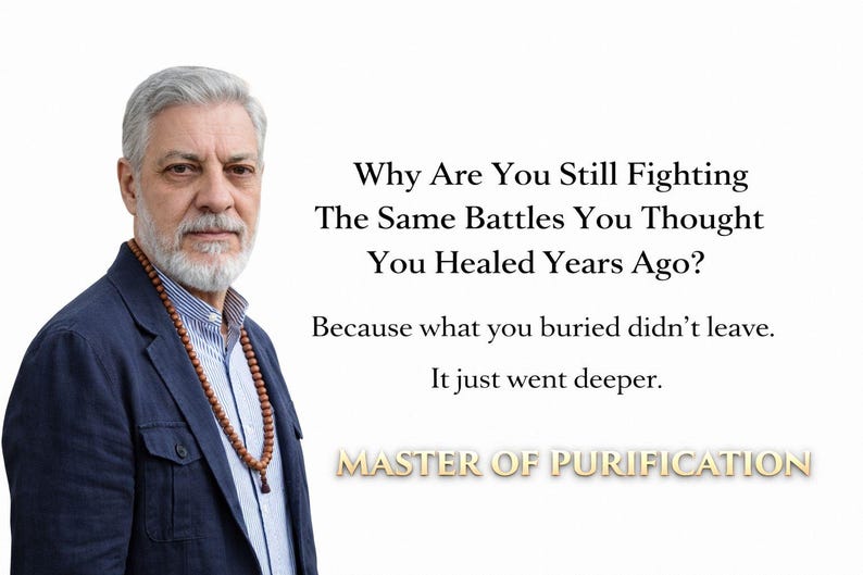 May include: A man with gray hair and a beard wearing a blue jacket and a beaded necklace. Text on the right reads: "Why Are You Still Fighting The Same Battles You Thought You Healed Years Ago?" and "MASTER OF PURIFICATION."