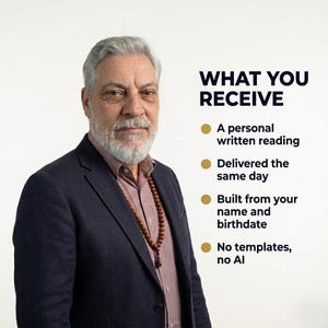 Puede incluir: Una persona mayor con cabello gris y barba, vistiendo un blazer azul oscuro, una camisa a rayas y un collar de cuentas marrones. El texto dice: WHAT YOU RECEIVE, A personal written reading, Delivered the same day, Built from your name and birthdate, No templates, no AI.