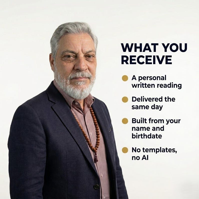 Puede incluir: Una persona mayor con cabello gris y barba, vistiendo un blazer azul oscuro, una camisa a rayas y un collar de cuentas marrones. El texto dice: WHAT YOU RECEIVE, A personal written reading, Delivered the same day, Built from your name and birthdate, No templates, no AI.