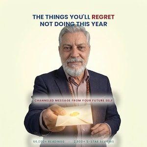 May include: An older person with gray hair and a beard wears a navy blazer and striped shirt, holding a cream-colored envelope with a gold wax seal. Text reads: THE THINGS YOU'LL REGRET NOT DOING THIS YEAR, CHANNELED MESSAGE FROM YOUR FUTURE SELF.