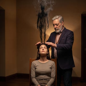 Puede incluir: Una mujer sentada en una silla de madera con los ojos cerrados mientras un hombre coloca sus manos sobre su cabeza. Una figura humeante flota sobre la mujer. La escena est&aacute; ambientada en una habitaci&oacute;n con iluminaci&oacute;n c&aacute;lida.