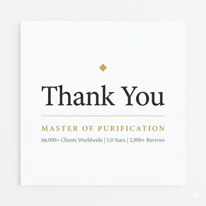 May include: A white card with the words "Thank You" in a bold, black serif font. Below, the text reads "MASTER OF PURIFICATION" and further details about the business. A small gold diamond is at the top.