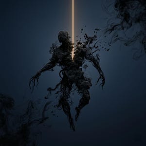 Puede incluir: Una obra de arte digital que representa una figura formada por humo oscuro sobre un fondo azul oscuro. Un haz de luz vertical ilumina la figura, que parece estar flotando. La imagen evoca una sensaci&oacute;n de misterio y belleza et&eacute;rea.