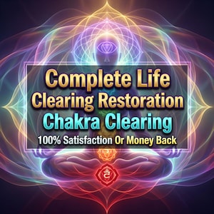 Puede incluir: Un gráfico digital que muestra una silueta en posición de meditación rodeada de patrones de luz coloridos y giratorios. El texto dice: Complete Life Clearing Restoration, Chakra Clearing, 100% Satisfaction Or Money Back.