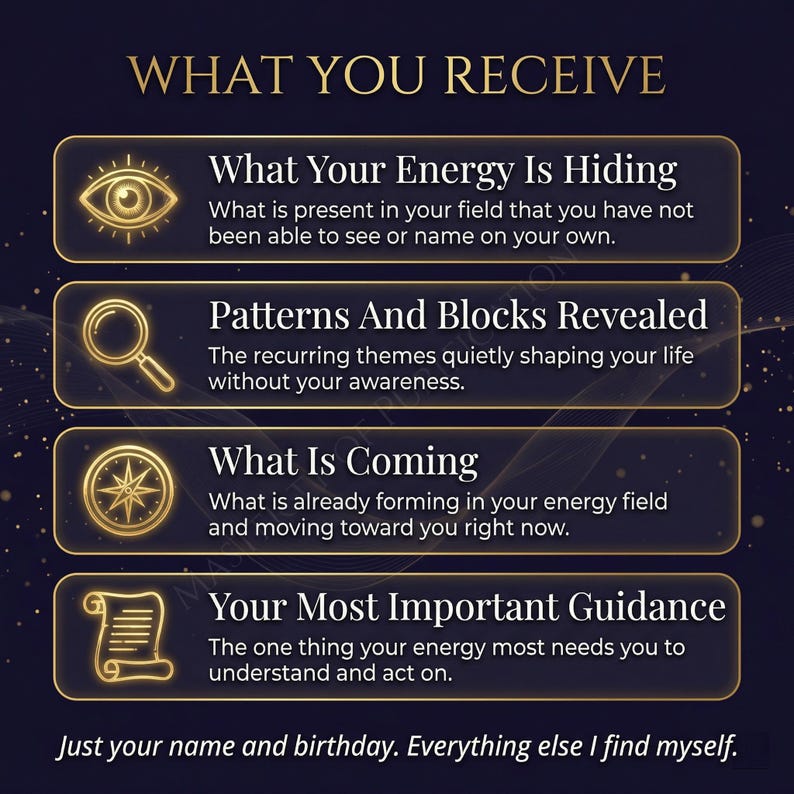 May include: A digital graphic with the text "WHAT YOU RECEIVE" in gold. Below, four sections detail energy readings: "What Your Energy Is Hiding," "Patterns And Blocks Revealed," "What Is Coming," and "Your Most Important Guidance." The text "Just your name and birthday. Everything else I find myself." is at the bottom.