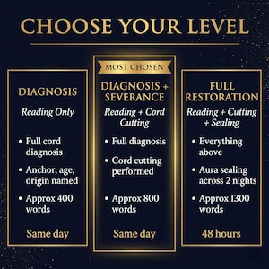May include: A dark blue graphic with gold text that reads "CHOOSE YOUR LEVEL." Three columns detail service options: Diagnosis, Diagnosis + Severance, and Full Restoration. Each option lists included services and word counts. The "Most Chosen" option is highlighted.