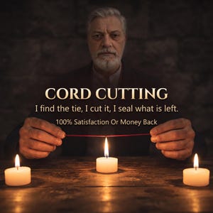 Może przedstawiać: Osoba trzyma cienką czerwoną nitkę nad zapaloną białą świeczką typu tealight. Widoczny jest tekst CORD CUTTING, I find the tie, I cut it, I seal what is left oraz 100% Satisfaction Or Money Back. Obecne są dwie dodatkowe białe świeczki.