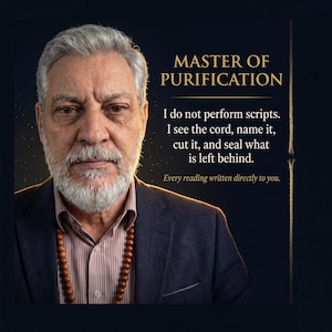 May include: An image featuring a man with gray hair and a beard, wearing a suit and a beaded necklace. Text overlay reads "MASTER OF PURIFICATION" and a description of his services. The background is dark with a subtle star pattern.