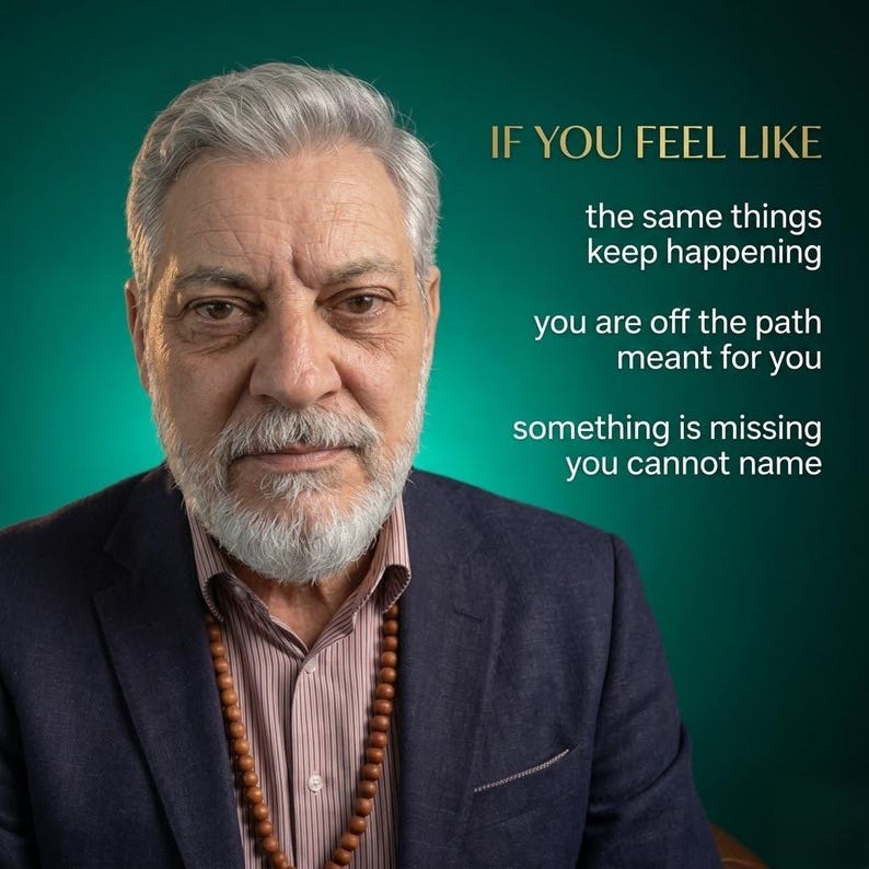 Puede incluir: Retrato de una persona mayor con cabello y barba grises, vistiendo un blazer azul oscuro sobre una camisa a rayas y un collar de cuentas de madera. El texto dice: IF YOU FEEL LIKE the same things keep happening you are off the path meant for you something is missing you cannot name.