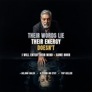 May include: A mature individual with gray hair and a beard wearing a dark blazer, crouching and touching a dark reflective surface. Text reads: THEIR WORDS LIE THEIR ENERGY DOESN'T I WILL ENTER THEIR MIND SAME HOUR 69,000 SALES 6 YEARS ON ETSY TOP SELLER.