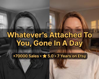 May include: A split-screen image showing a person in black and white on the left and in color on the right. The text reads: Whatever's Attached To You, Gone In A Day. Below, a badge displays: +70000 Sales • 5.0 • 7 Years on Etsy.
