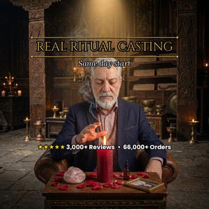 Può includere: Immagine di un uomo in abito scuro che esegue un rituale con una candela rossa accesa. Il testo "REAL RITUAL CASTING" e "Same day start" sono visualizzati. La scena include un tavolo con un cristallo, una bottiglia di olio e petali di rosa.