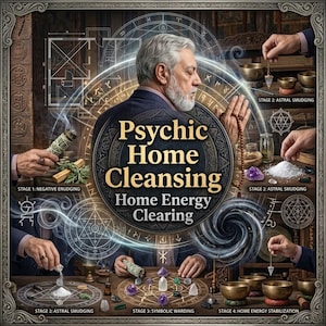 May include: A poster titled Psychic Home Cleansing Home Energy Clearing featuring a man with a gray beard and various hands performing rituals with sage bundles, crystals, metal singing bowls, pendulums, and white powder on a wooden table.