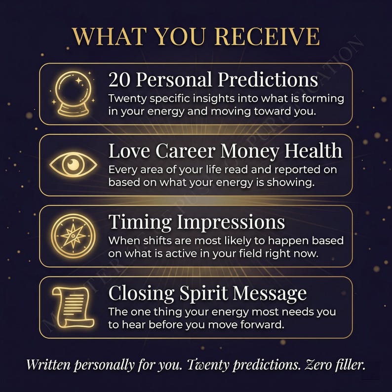 May include: A graphic with the text "WHAT YOU RECEIVE" and four sections: "20 Personal Predictions," "Love Career Money Health," "Timing Impressions," and "Closing Spirit Message." The text promises insights and readings.