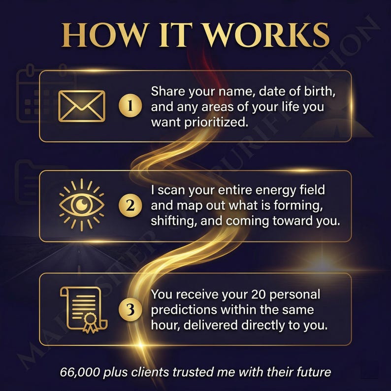 May include: A graphic with the title "HOW IT WORKS" in gold lettering. It outlines a three-step process: sharing personal information, energy field scanning, and receiving 20 predictions within an hour. The image has a dark blue background.