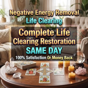 Puede incluir: Una mesa de madera muestra cartas de tarot en forma de cruz, cristales de cuarzo transparente, tres velas amarillas y una bola de cristal. El texto dice: Negative Energy Removal, Life Clearing, Complete Life Clearing Restoration, SAME DAY, 100% Satisfaction Or Money Back.
